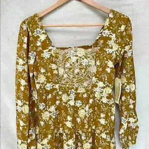 Embroidered floral ochre mustard brown flower boho bohemian dress